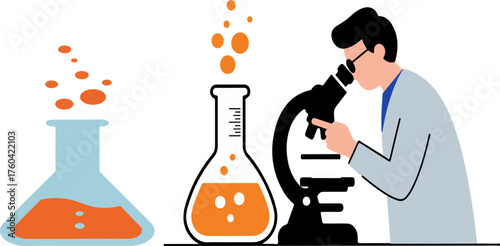 WebScientist examining chemical reaction in laboratory with beakers and flasks closely