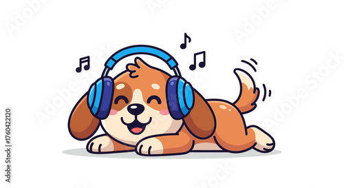 Cute cartoon dog enjoying music with headphones lying on its stomach relaxing