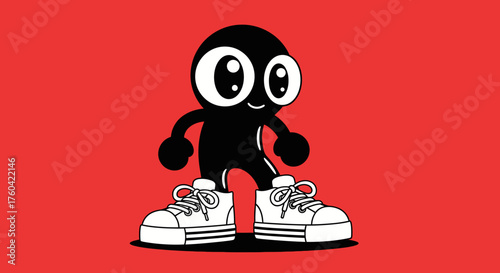 Cartoon character with big eyes and sneakers on a red background illustration