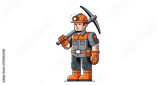 Illustration of a confident cartoon miner character holding a pickaxe over his shoulder