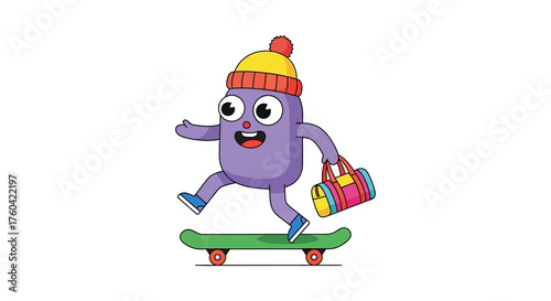 Whimsical purple cartoon character skating with a duffel bag illustration vibrant scene