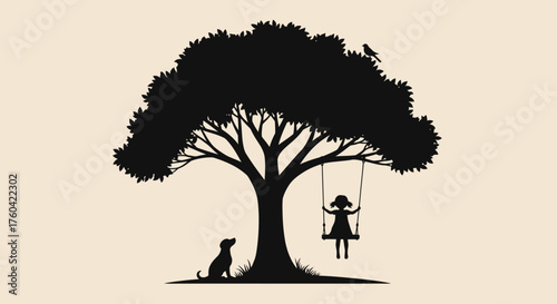Silhouette of a serene scene featuring a girl on a swing, a dog, and a bird under a tree