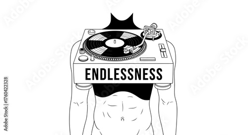 Conceptual Illustration of Music and Identity featuring a Turntable Head with Endlessness Message