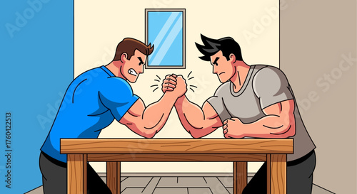 Intense arm wrestling match between two muscular cartoon men competitors on a table