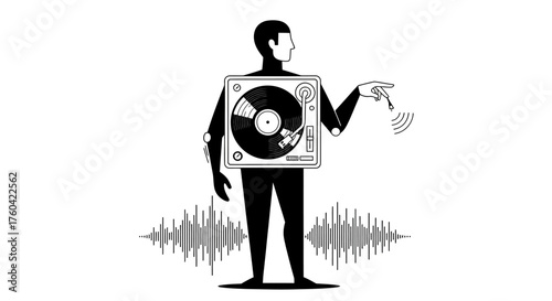 Creative concept of a music lover embodying a turntable with an abstract design style