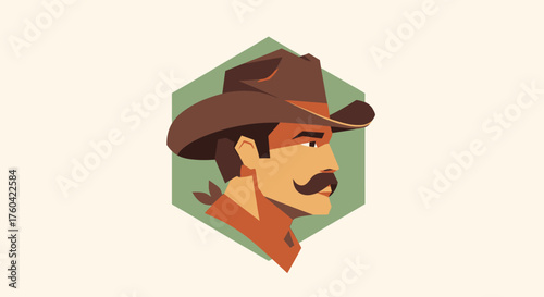 Stylized cowboy illustration with geometric shapes for a modern Western look and feel