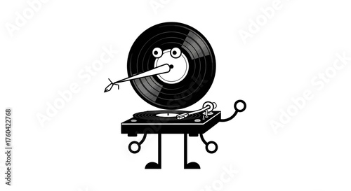 Cartoon music character featuring a vinyl record and turntable in black and white
