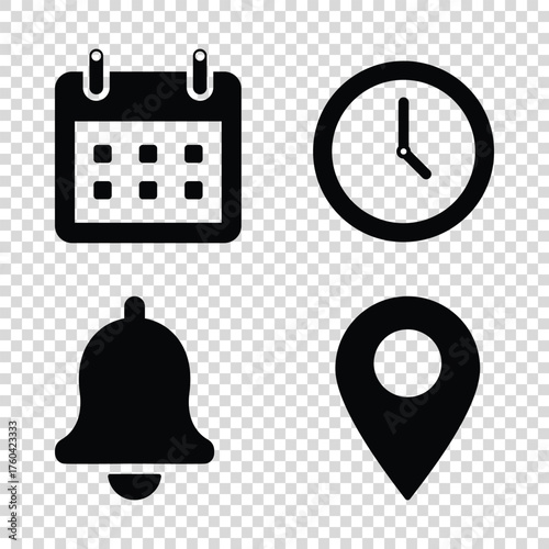 Minimalist Calendar, Clock, Bell, and Location Pin Icons