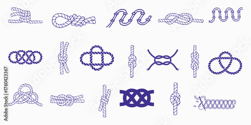 Collection of Nautical Knots and Rope Illustrations in Blue Outline