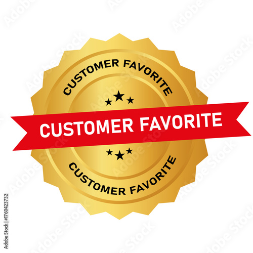 Vector art of golden customer favorite award badge with red ribbon and stars, , signifying excellence and customer satisfaction