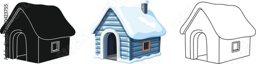 Three houses in silhouette, color, and outline styles for winter or village illustration