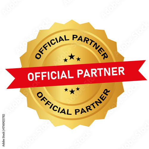 Vector art of golden seal badge with red ribbon proclaiming official partner status, , signifying a business relationship or endorsement