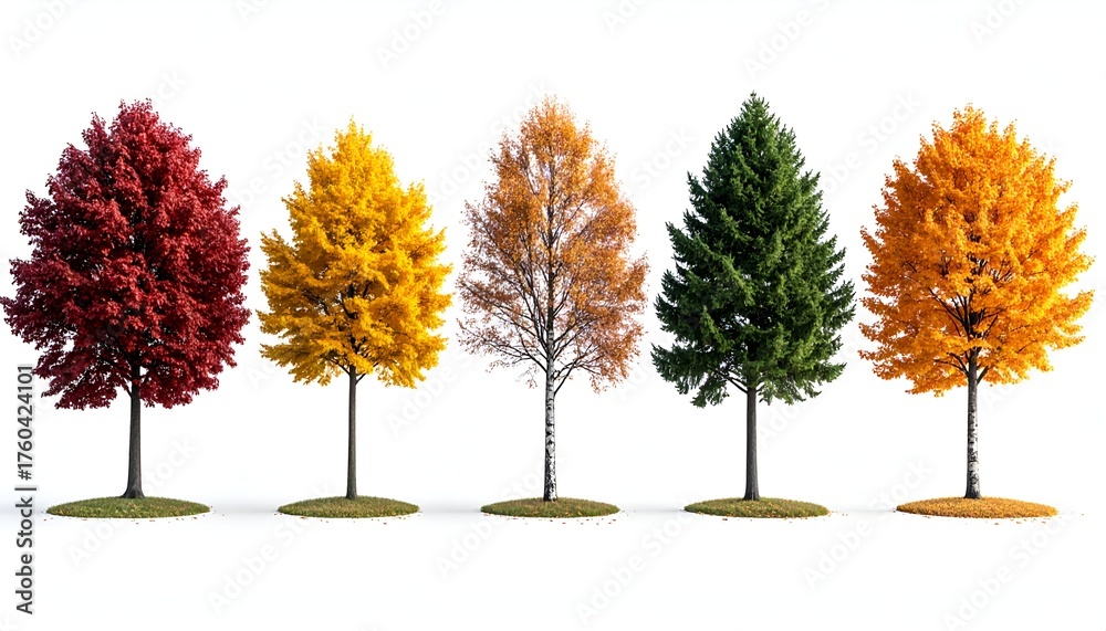 Naklejka premium A vibrant display of five distinct trees showcasing seasonal colors against a white background