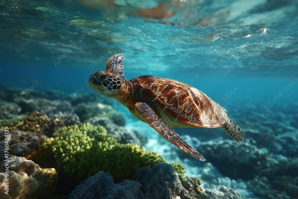 Obraz premium Peaceful Sea Turtle Shallow Reef Waters