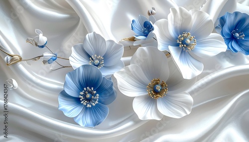 Elegant arrangement of blue and white flowers on a silky white fabric background, enhancing beauty