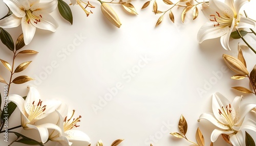Elegant floral arrangement featuring white lilies and golden leaves on a soft background for decoration