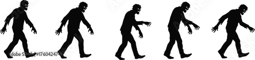 Silhouette of walking zombies in motion, horror concept illustration, Halloween theme, undead creatures, spooky character design for entertainment media