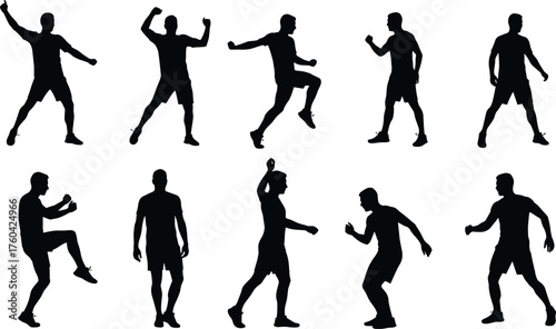 Silhouettes of athletic men in dynamic fighting poses, boxing, martial arts, sports training, fitness movement, black vector illustration design