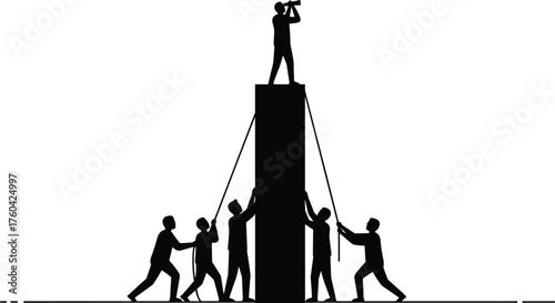 Teamwork and leadership concept, business people supporting leader with telescope standing on pillar, success vision, cooperation, partnership, goal achievement illustration