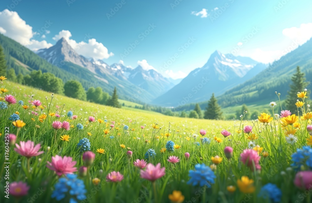 Obraz premium Colorful wildflowers bloom in green meadow. Majestic mountains stand in background under clear blue sky. Scenic landscape features vibrant colors. Nature photo perfect for travel advertising,