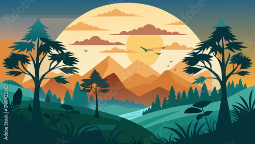 Vector art of scenic mountain landscape with trees and birds at sunset or sunrise
