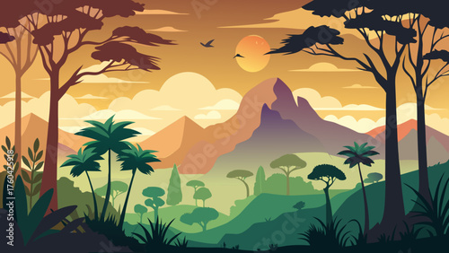 Vector art of vibrant landscape with mountains, trees, and birds at sunset or sunrise