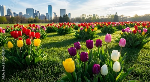 Vibrant Tulips in City Park - A Springtime Symphony.