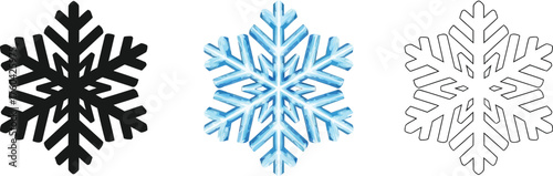 Three snowflake icons in black, blue, and outline styles for christmas and seasonal design