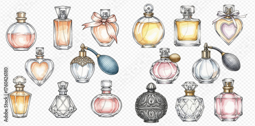 A beautiful watercolor illustration featuring a diverse collection of elegant perfume bottles in various shapes, sizes, and colors.