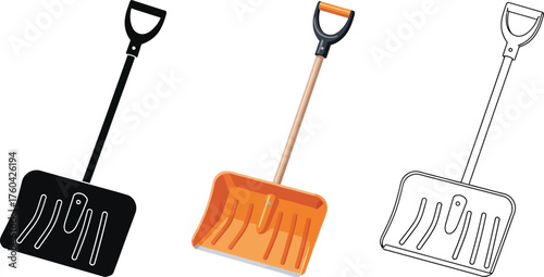 Three snow shovels in black, orange, and outline styles for outdoor winter cleanup