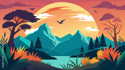 Vector art of a vibrant landscape illustration showcasing mountains, trees, and a colorful sunset