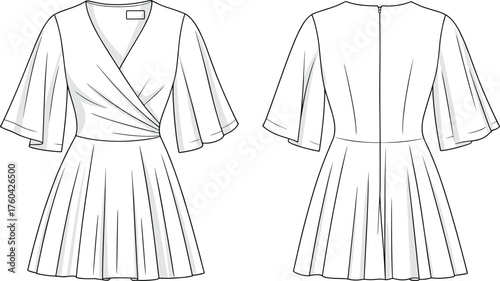 Wrap dress technical sketch, V-neckline, flared sleeves, fitted waist, flared skirt, front and back view, CAD drawing, vector illustration, fashion flat