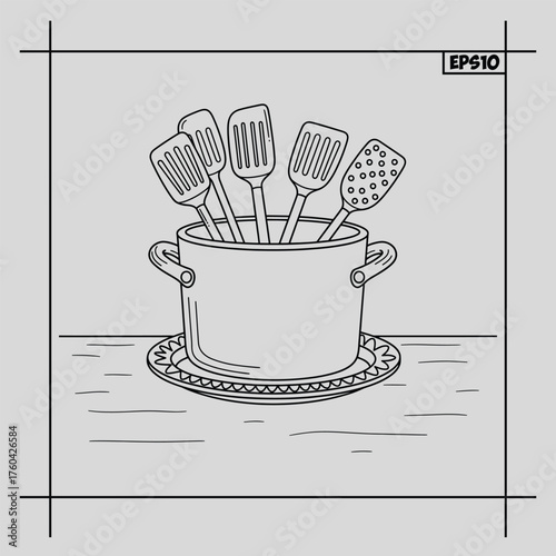 Line drawing of kitchen utensils in a pot on a table
