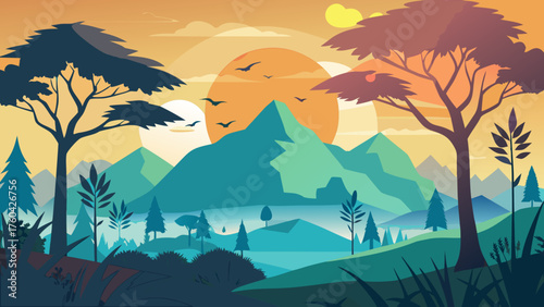 Vector art of colorful landscape with mountains, trees, birds flying at sunset and sunrise