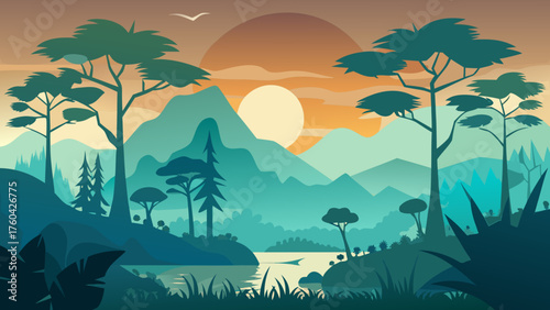 Vector art of beautiful landscape with mountains, trees, and a lake at sunset or sunrise