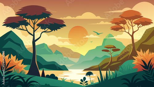 Vector art of scenic landscape with mountains, trees, and a river at sunset or sunrise