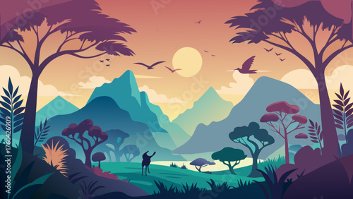 Vector art of beautiful landscape with mountains, trees, birds and a man enjoying the view