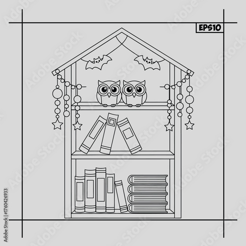Whimsical illustration of a bookshelf filled with books and cute owls