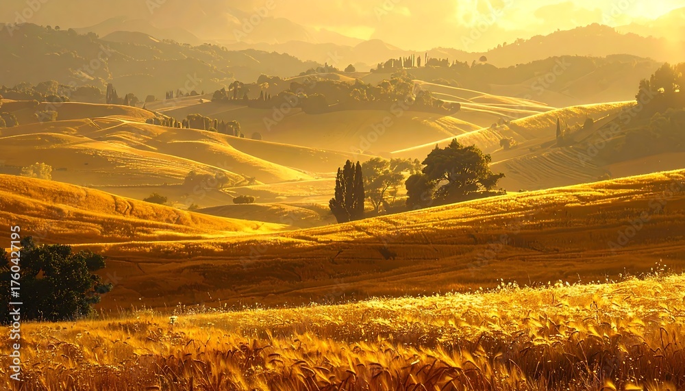 Obraz premium Golden light bathes rolling hills and fields of wheat. The sun creates a hazy atmosphere above the landscape. Trees dot the distance