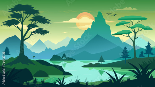 Vector art of a scenic mountain landscape with a river, trees, and a rising sun in the sky