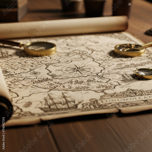 Old historical treasure map laid out on a dark desk for exploration concept isolated PNG with Transparent Background