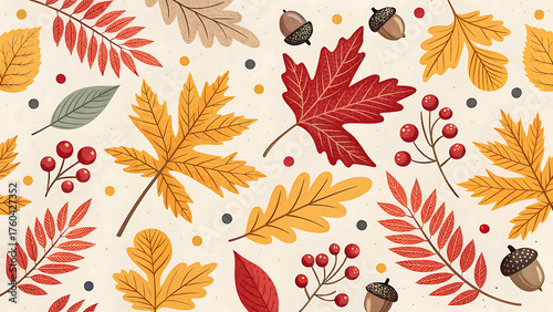 Fototapeta Naklejka Na Ścianę i Meble -  Autumn seamless pattern with leaves, acorns, and berries fall season background with maple, oak, and rowan leaves thanksgiving day backdrop with seasonal elements