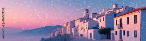 Light image depicting mobile network wires concept. Scenic village at dusk with beautiful architecture and mountains.