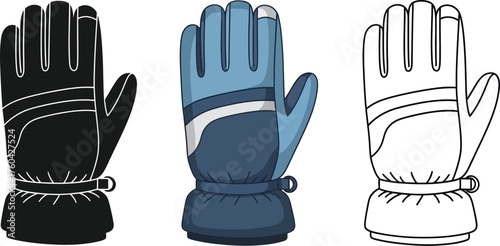 Three winter gloves in silhouette, color, and outline styles for warm clothing design