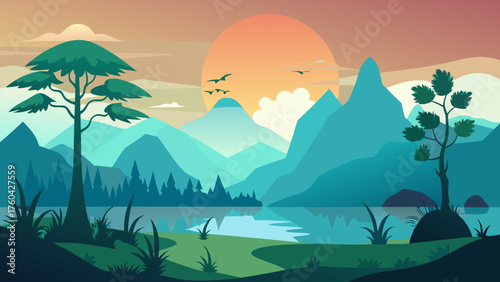 Vector art of beautiful landscape with mountains, trees, and a lake at sunset time