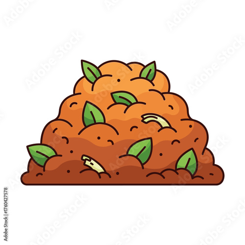 Cartoon Compost Pile with Green Leaves and Organic Matter.