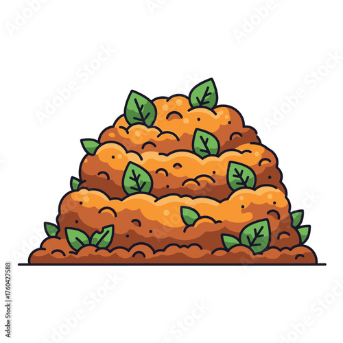 Cartoon Compost Pile with Green Leaves Orange and Brown Colors.