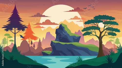 Vector art of colorful mountain landscape with lake, trees, and sunset in a peaceful setting