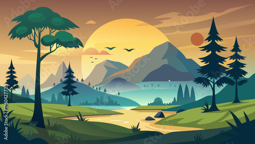 Vector art of scenic landscape with mountains, trees, river, and birds at sunset or sunrise
