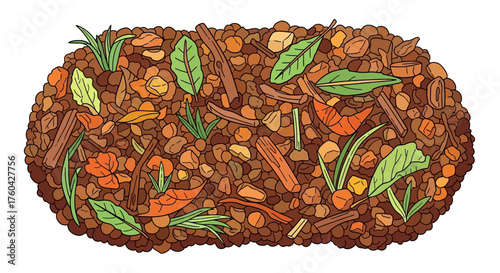 Cartoon Compost Pile with Leaves Sticks and Organic Matter Illustration.